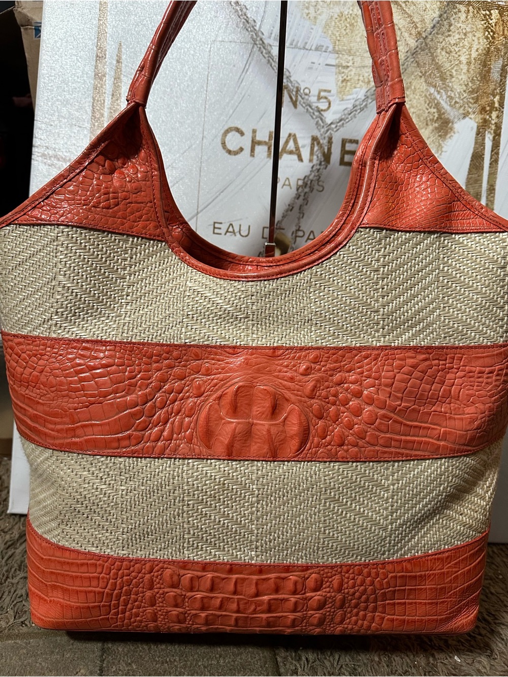 Brahmin orange leather and raffia tote entry - Picture 12 of 15